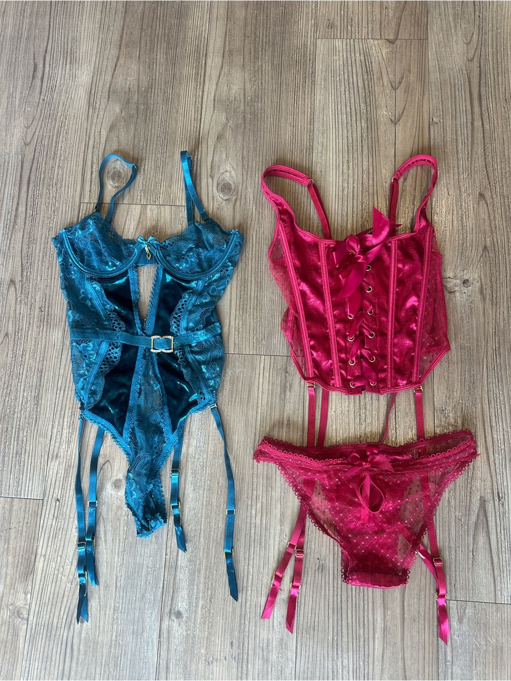 Elegant Teal Lace and Satin Bodysuit with Garter Straps